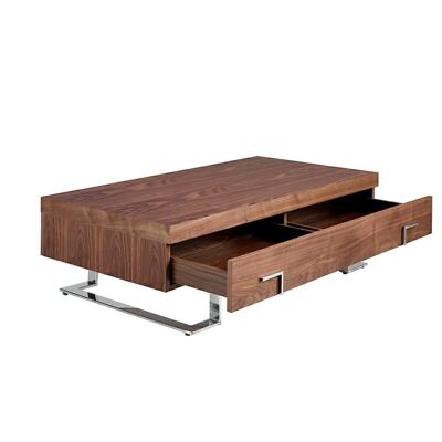 Mesa centro rectangular con tapa de madera chapa nogal y patas en acero inoxidable cromado, modelo 2099