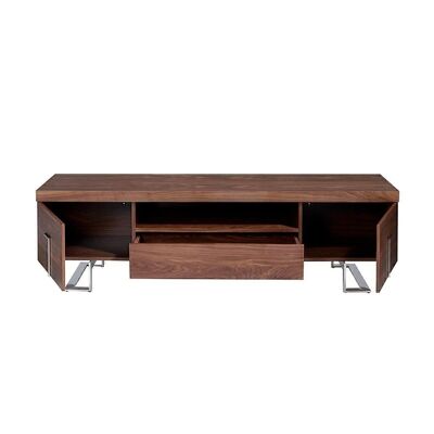 Mueble TV de madera chapada nogal natural con un cajón central y dos armarios laterales de nogal,  Detalles y patas en acero inoxidable cromado, modelo 3222