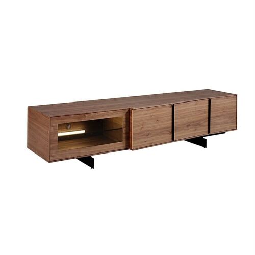 Mueble TV de madera chapada nogal natural con dos armarios y un cajón abatible con iluminación led interior,  Detalles y patas en acero negro, modelo 3219