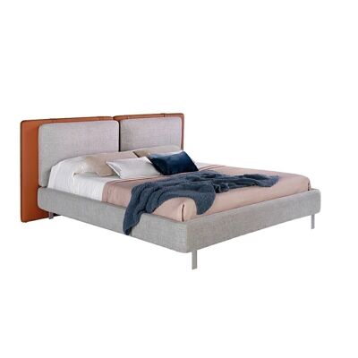 Bed with solid pine wood frame upholstered in fabric and imitation leather with stainless steel legs, multi-slat pine wood base included, model 7123