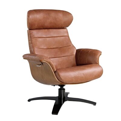 Sillón giratorio relax tapizado en piel de origen vacuno y base de acero macizo pulido color negr,  Estructura de soporte en madera chapada en nogal, modelo 5083