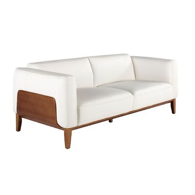3-seater sofa upholstered in white cowhide leather with internal structure in natural pine wood, and legs and side exterior detail in soft-tone walnut veneer, model 6115