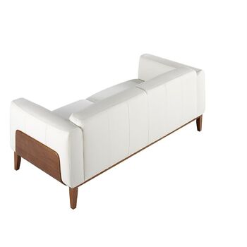 Canapé 3 places recouvert de cuir de vachette blanc avec structure interne en bois de pin naturel, pieds et détail extérieur latéral en placage de noyer doux, modèle 6115 2