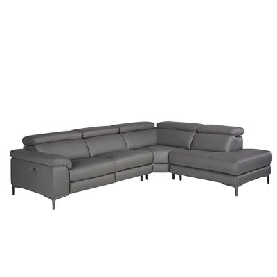 Corner sofa (R) upholstered in black cowhide leather with black epoxy-tinted steel legs and independent adjustable headrests, side seat with electric relax mechanism, model 6111