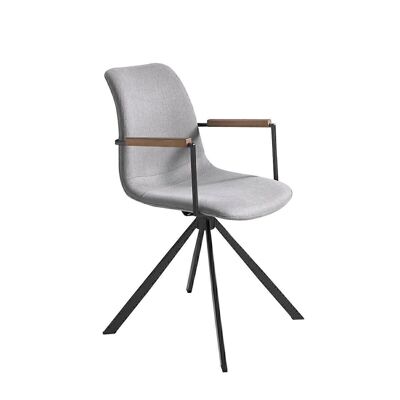 Swivel chair upholstered in fabric with black steel legs and walnut wood armrests, model 4105