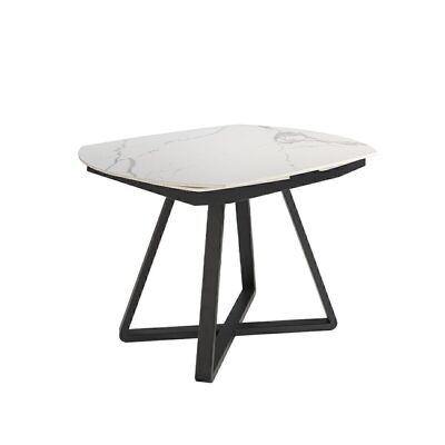 Mesa comedor con tapa extensible de forma ovalada barril en porcelánico blanco,  Base de acero pintado en epoxi color negro mate, modelo 1096