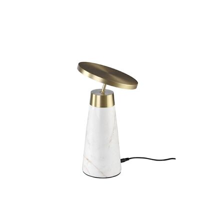 Table lamp with a calacatta-like porcelain marble body and directional disk in polished gold steel. It has an adjustable dimmer in intensity and colour, model 8034.