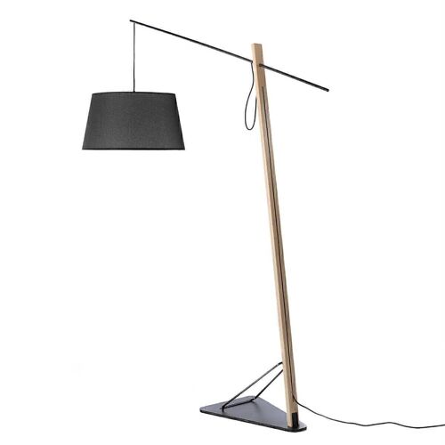 Lámpara de pie con pantalla de tela y regulable en distancia,  Fabricada en madera chapada de roble y acero inoxidable negro para la base y el poste, modelo 8035