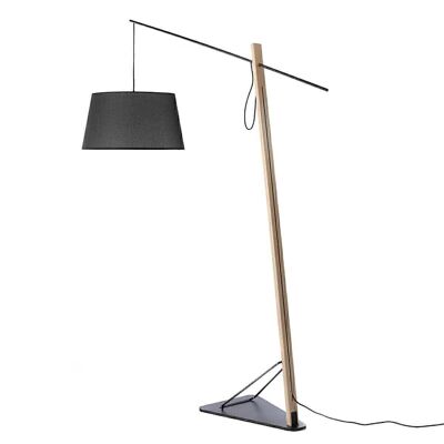 Stehlampe mit Lampenschirm aus Stoff und verstellbarem Abstand, aus Eiche furniertem Holz und schwarzem Edelstahl für Fuß und Pfosten, Modell 8035