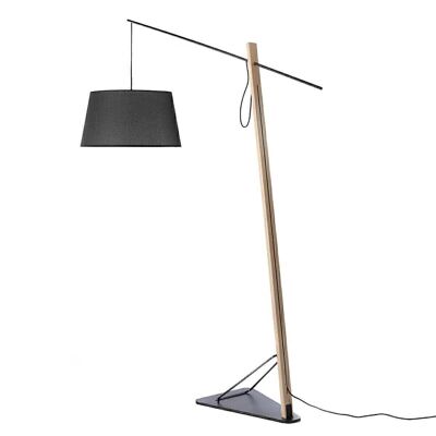 Lampada da terra con paralume in tessuto e distanza regolabile, Realizzata in legno impiallacciato rovere e acciaio inox nero per base e palo, modello 8035