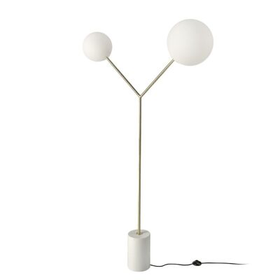 Floor lamp with similar calacatta porcelain marble base, gold steel body, two white tinted glass bulbs, model 8048