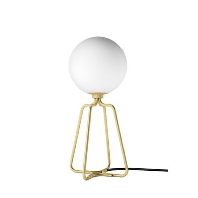 Lámpara de sobremesa con cuerpo fabricado en acero dorado y bulbo de cristal tintado en color blanco, modelo 8049