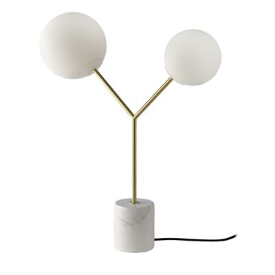 Lampada da tavolo con base in marmo porcellana calacatta simile, corpo in acciaio oro, due lampadine in vetro colorato bianco, modello 8050