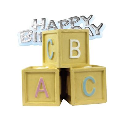 Decoración para tarta de resina con bloques de bebé y lema plateado de feliz cumpleaños