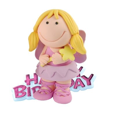 Figura decorativa para tarta de resina con diseño de hada y lema de feliz cumpleaños rosa