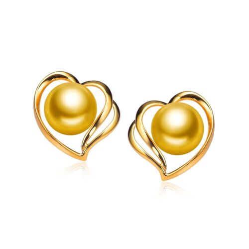 Round Golden Akoya Pearls, in 18ct Gold Heart Stud Earrings