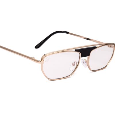 SMALL HEXAGON FLAT TOP IN GOLD WITH BLUE LIGHT LENSES | JP18549