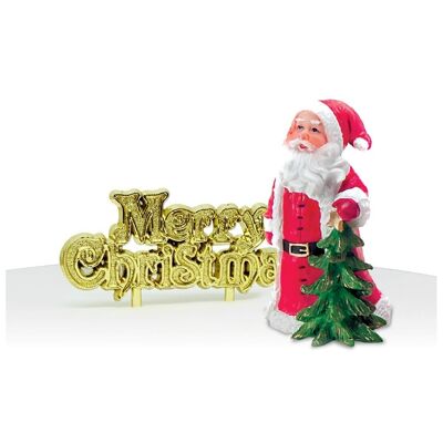Décoration de gâteau en résine Père Noël avec sapin et devise dorée Joyeux Noël dans une boîte de luxe