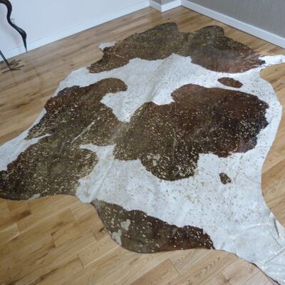 Alfombra Piel Vacuno Marrón y Oro Blanco Metalizado