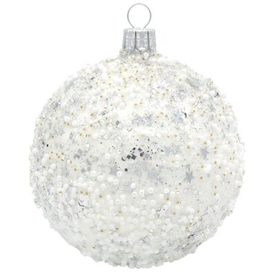 Glaskugel TWINKLE weiß mit Perlen& Glitzer 8cm - Weihnachtsschmuck