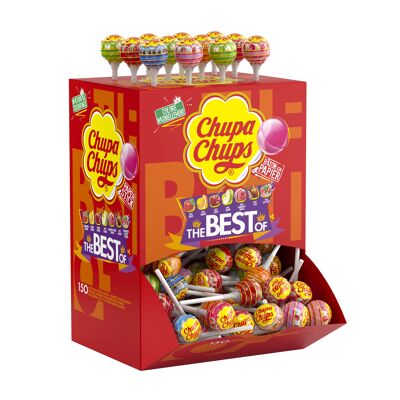 Chupa Chups – Karton 150 The Best Of Lollipops – Fruchtfleisch-Lutscher + Cola- und Milchlutscher – Papierstab – Ideal für Geburtstagsfeiern – 1,8 kg Chupa Chups Box