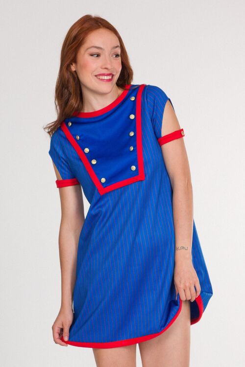 Vestido Corto de Verano Raya Azul y Roja, Vestido Ancho Marinero Navia, Manga Corta y Pechera con Botones de Ancla Dorada y Cuello Barco, Elegante Diseño Español