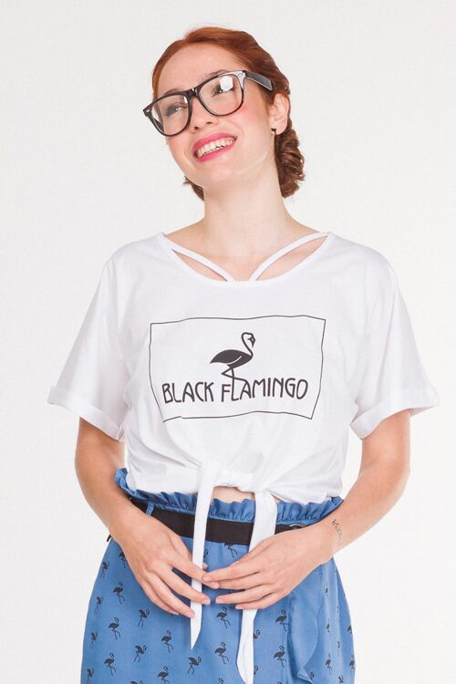 Camiseta blanca holgada de manga corta para mujer con logotipo estampado de flamencos negros, camiseta corta de verano Elba 100% algodón, con lazo y correas en el escote