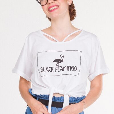 Camiseta blanca holgada de manga corta para mujer avec logo estampado de flamencos negros, camiseta corta de verano Elba 100% algodón, avec lazo et correas en el escote