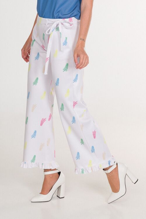 Pantalón Largo y Ancho de Mujer con Bolsillos, Pantalón Ula Culotte Blanco, Acampanado con Estampado de Plumas de Colores y Volante en el Bajo, Cintura Alta Cruzada con Lazo, Tejido Cómodo y Elástico