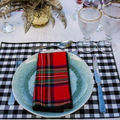 Resin-coated cotton stain-resistant placemat - Black gingham print and black trim - Medium square - 4 units