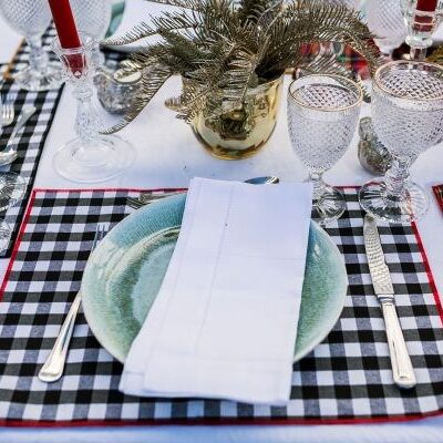 Resin-coated cotton stain-resistant placemat - Black gingham print and red trim - Medium square - 2 units