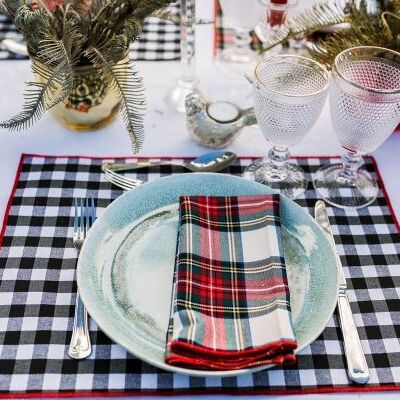 Resin-coated cotton stain-resistant placemat - Black gingham print and red trim - Medium square - 4 units