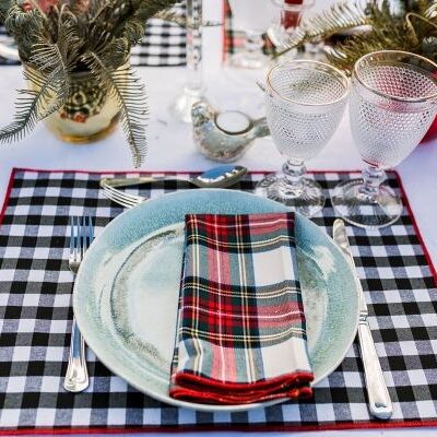 Resin-coated cotton stain-resistant placemat - Black gingham print and red trim - Medium square - 4 units