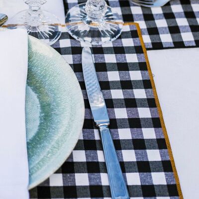 Resin-coated cotton stain-resistant placemat - Black gingham print and mustard trim - Medium square - 8 units