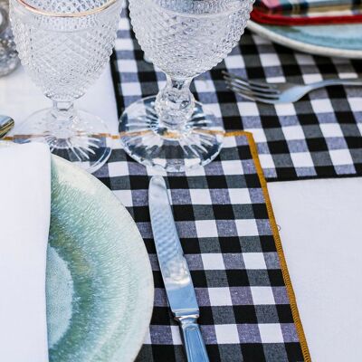 Resin-coated cotton stain-resistant placemat - Black gingham print and mustard trim - Medium square - 8 units