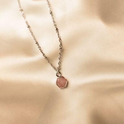 Collar myra - hexágono rosa piedra plata