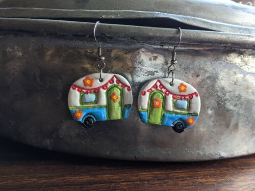 Caravan colourful earrings, hippie van air dry clay earrings, hand painted boho camper earrings