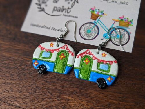 Caravan colourful earrings, hippie van air dry clay earrings, hand painted boho camper earrings