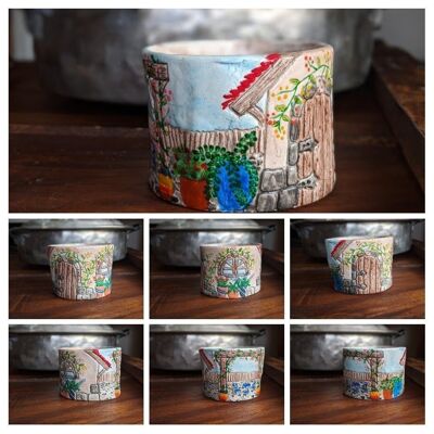 Clay bangle bracelet featuring a hand painted garden scene, wearable art, landscape jewelry, air dry clay jewellery