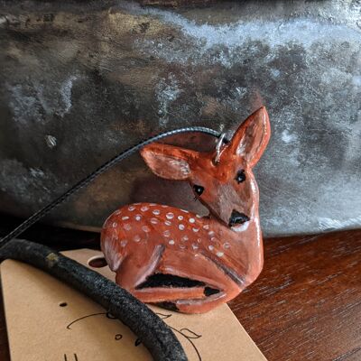 Deer hand painted clay necklace, wild animals jewellery