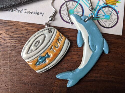 Mismatch earrings, dolphin and can of tuna, fish earrings