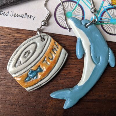 Mismatch earrings, dolphin and can of tuna, fish earrings