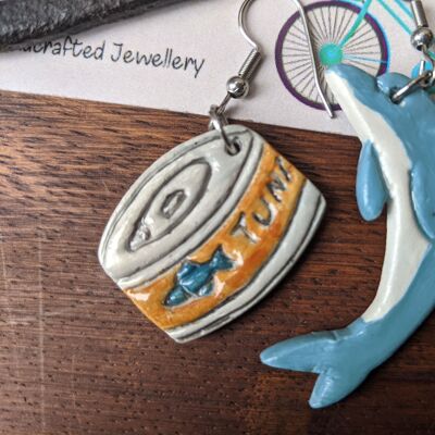 Mismatch earrings, dolphin and can of tuna, fish earrings