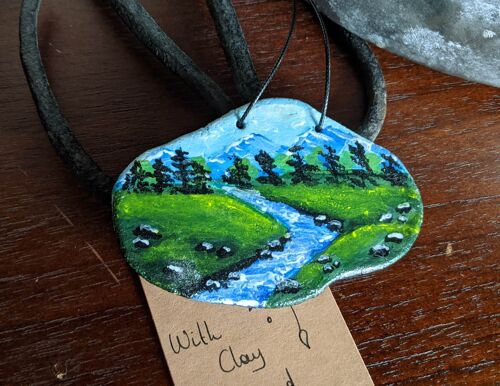 Forest landscape hand painted clay necklace, miniature painting