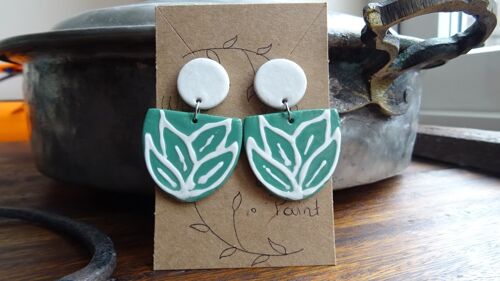 Green earrings with white leaves and white studs, floral green and white earrings