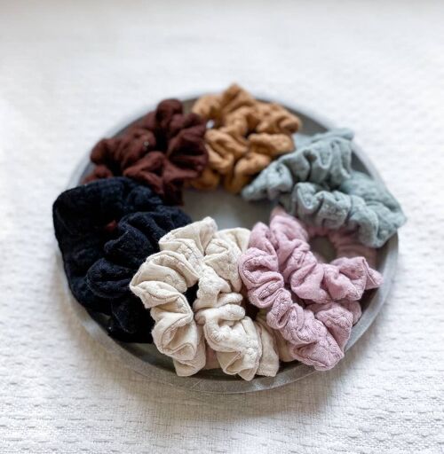 Embroidered muslin scrunchies