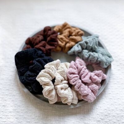 Embroidered muslin scrunchies
