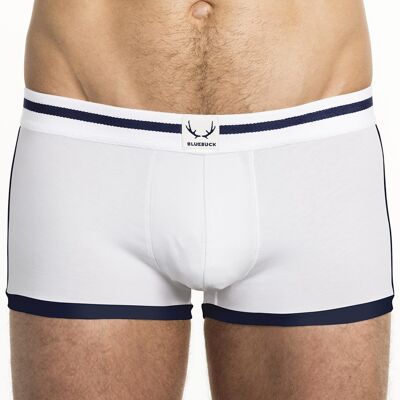 White shorty with navy blue borders