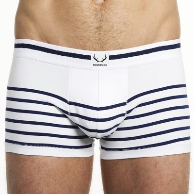 White shorty with navy blue stripes