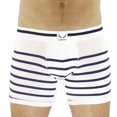 White long boxer shorts with navy blue stripes